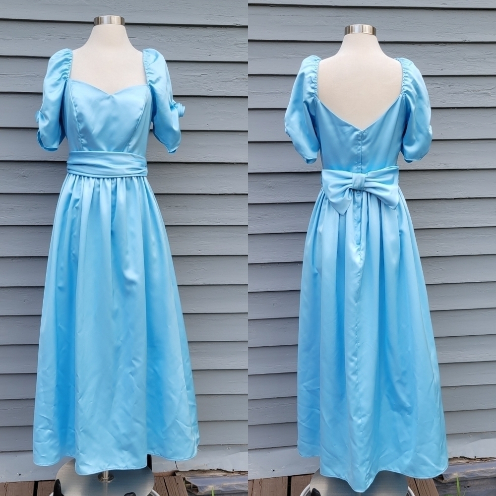 Vintage 80s Retro Pin Up Girl Blue Satin Puffed Sleeves Maxi Prom‎ Dress Small l